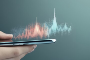 Holographic sound wave visualization on smartphone, audio technology concept for music apps, digital art exhibitions and tech product launches. Ideal for mobile app interfaces, innovation conferences.