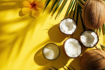 Fresh coconut halves, coconut milk, tropical palm leaves, and vibrant flower on a bright yellow background creating a lively and exotic composition for culinary or lifestyle images