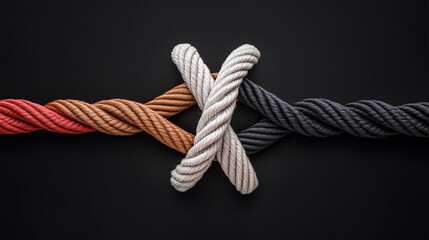 Weaving of ropes, like concept of teamwork unity, on black background.