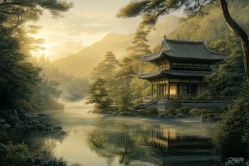 Obraz premium Serene temple, misty river, mountain sunrise.