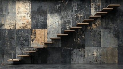 Modern wooden staircase against a grunge wall.