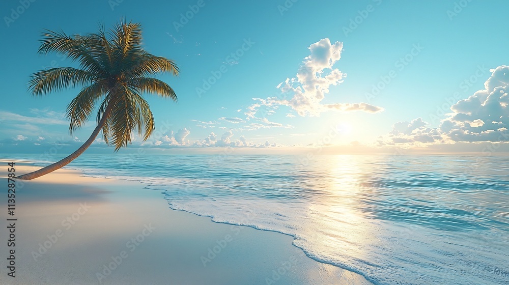 Poster tranquil tropical beach with swaying palm trees and crashing waves symbolizing relaxation and escape