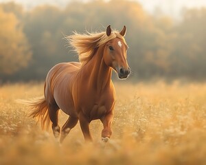Obraz premium Beautiful chestnut horse trotting through grassy field mane flowing in the breeze natural and free