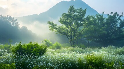 Fototapeta premium Vibrant spring foliage surrounds a misty mountain landscape in early morning light