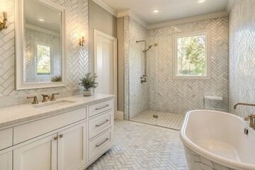 Elegant Modern Bathroom Interior Featuring White Herringbone Tile, Freestanding Bathtub, Stylish Vanity, and Abundant Natural Light from Large Window