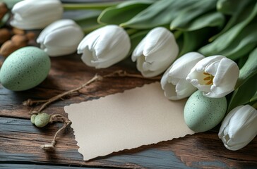 Spring celebration with white tulips and pastel eggs arranged on blue wooden surface