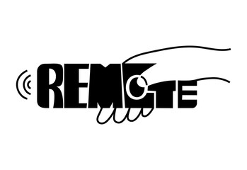 Remote control in hand. The remote control is drawn in the form of a word- remote. Black and white stock vector illustration isolated on a white background