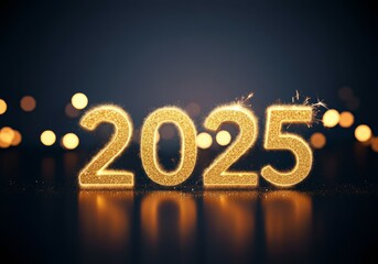 A digital illustration of 2025 in gold glitter on a dark blue background with bokeh lights and small sparklers, creating a festive New Year atmosphere.

