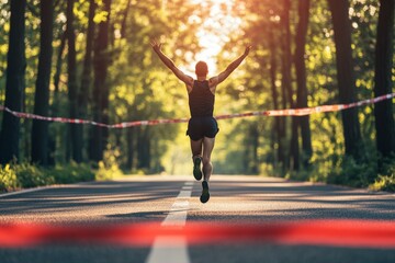 Runner Crossing Finish Line in Forest
