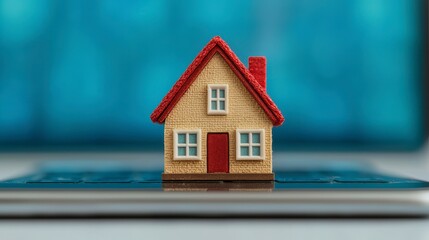 Miniature House Model on Laptop, Online Real Estate Concept