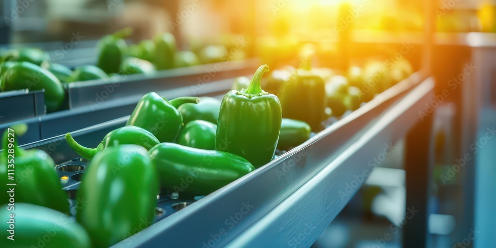 Poster roasted jalapenos on sorting machine. concept of food science and technology image.