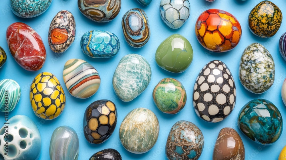 Poster an overhead view of various polished gemstones arranged on a blue background, each stone featuring u