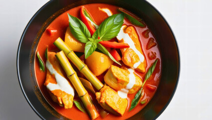 Delicious thai red curry chicken with fresh ingredients culinary art studio setting vibrant colors