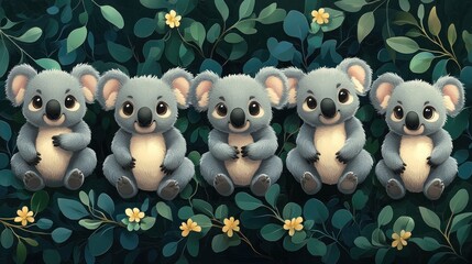 Obraz premium Five adorable cartoon koalas sitting among leaves and flowers.