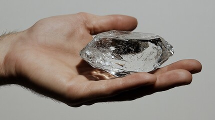 Hand holding a clear quartz crystal.