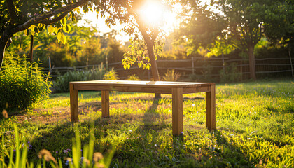 Naklejka premium Empty wooden table in garden on sunny day. Space for design