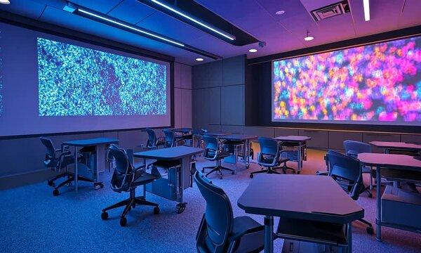 Modern classroom with vibrant projections and adjustable desks.