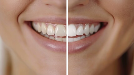 A close-up of two images showing the before and after effect on teeth, one with yellowing, and another with a perfectly white smile. 