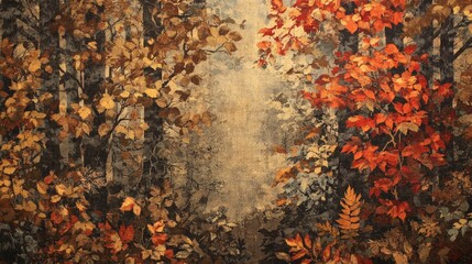 Autumnal foliage scene, textured, earthy tones.