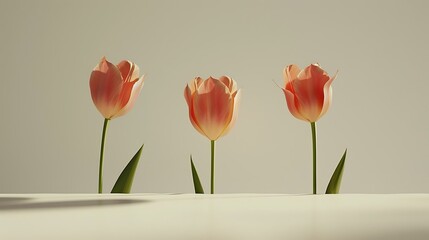 Three tulips in full bloom creating a simple line on a plain white background