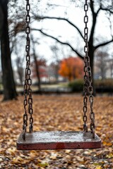 Rusty swing set, autumn leaves, park.