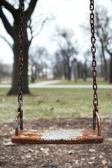 Rusty swing hangs, park background, autumn.