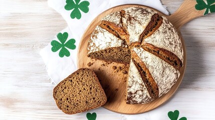 A round loaf of Irish soda bread with some slices cut out on top, sitting atop an elegant wooden board against the backdrop of white wood and a green shamrock-patterned napkin. 