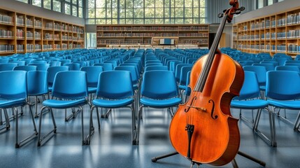 Cello in empty auditorium with blue chairs, bookshelves.