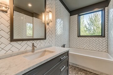 Modern Bathroom Interior with Elegant Herringbone Tile Pattern, Bright Natural Light, Contemporary Sink and Soothing Bathtub in Stylish Space