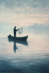 Solitary figure fishing, calm water, misty dawn.