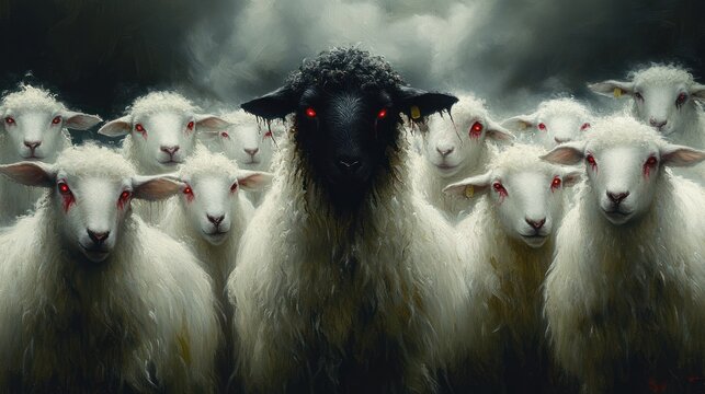A black sheep stands out among a flock of white sheep with glowing red eyes in a dark, ominous setting.