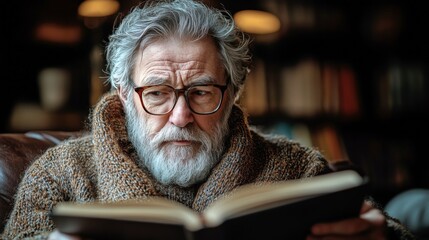 Elderly man reading a book in a cozy library with warm lighting and soft furnishings