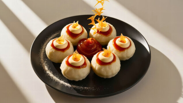 Creative food presentation of dumplings with sauce engaging cuisine environment minimalist view
