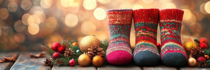 Cozy Winter Warmth with Knitted Socks and Christmas Decorations for Festive Card Designs