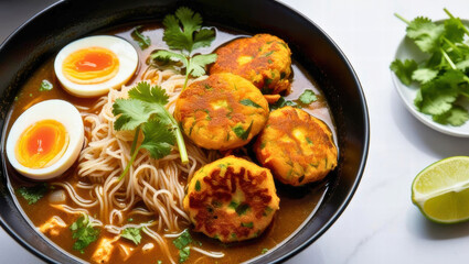 Fototapeta premium Culinary delight close-up of cozy ramen with egg and veggie patties in a kitchen atmosphere