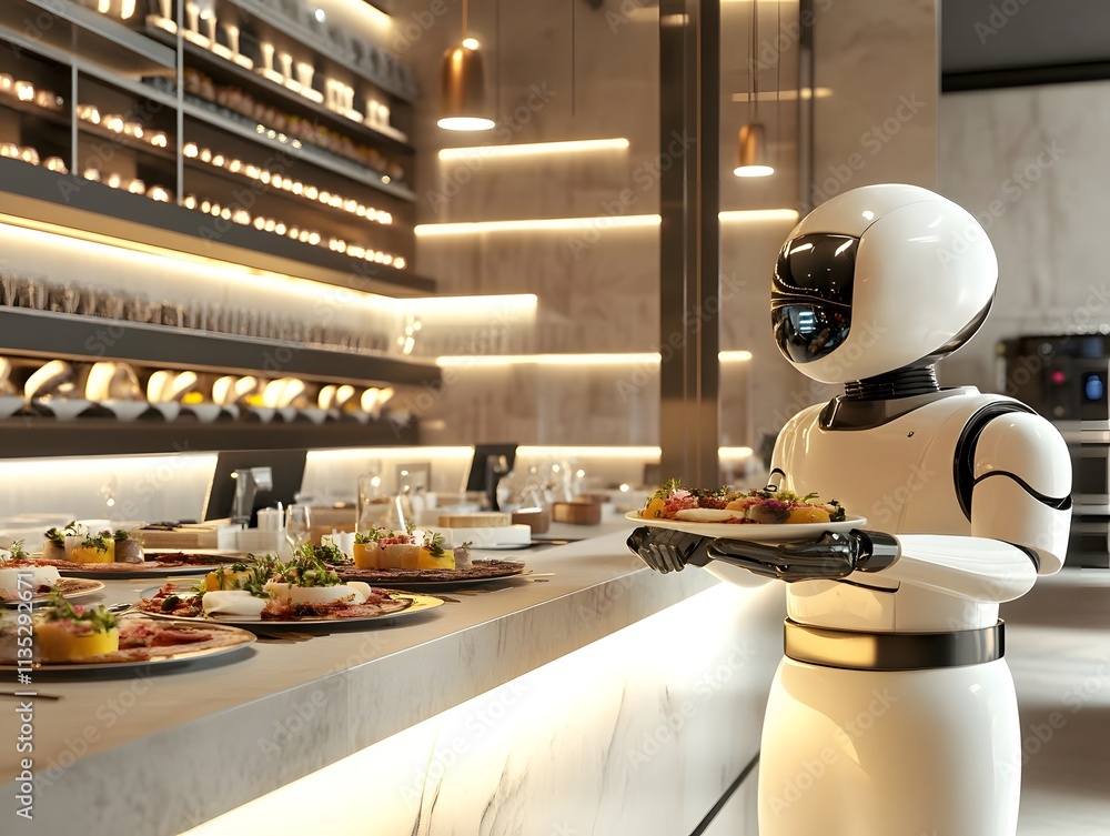 Wall mural Robot chefs and 3d printed food in a modern restaurant