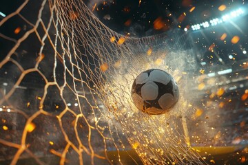 Ball explodes through net; sparks, smoke, excitement.
