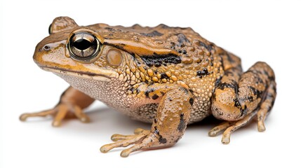 Fototapeta premium Closeup of a Brown and Black Speckled Frog on White Background