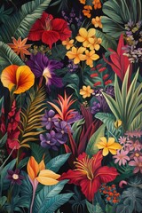 Fototapeta premium Vibrant tropical flowers and lush foliage.