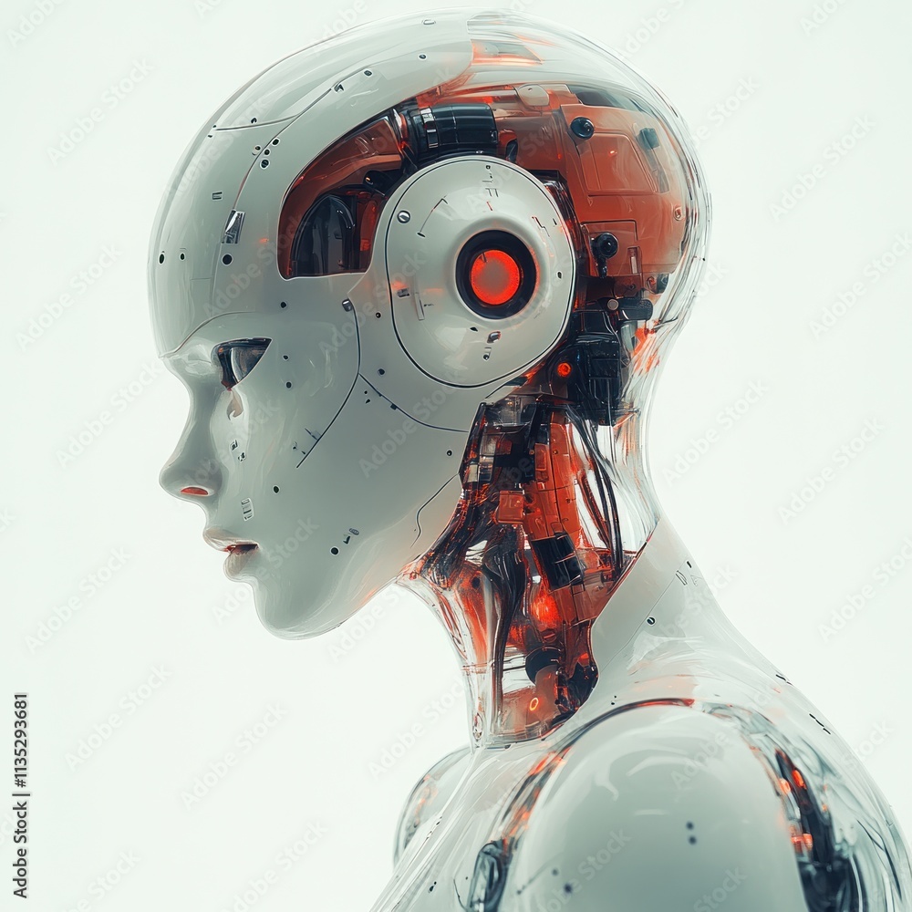 Poster a futuristic humanoid robot with a transparent design, showcasing internal circuitry and technology.