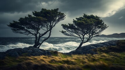 Obraz premium Robust trees braving the stormy winds on a rugged coast