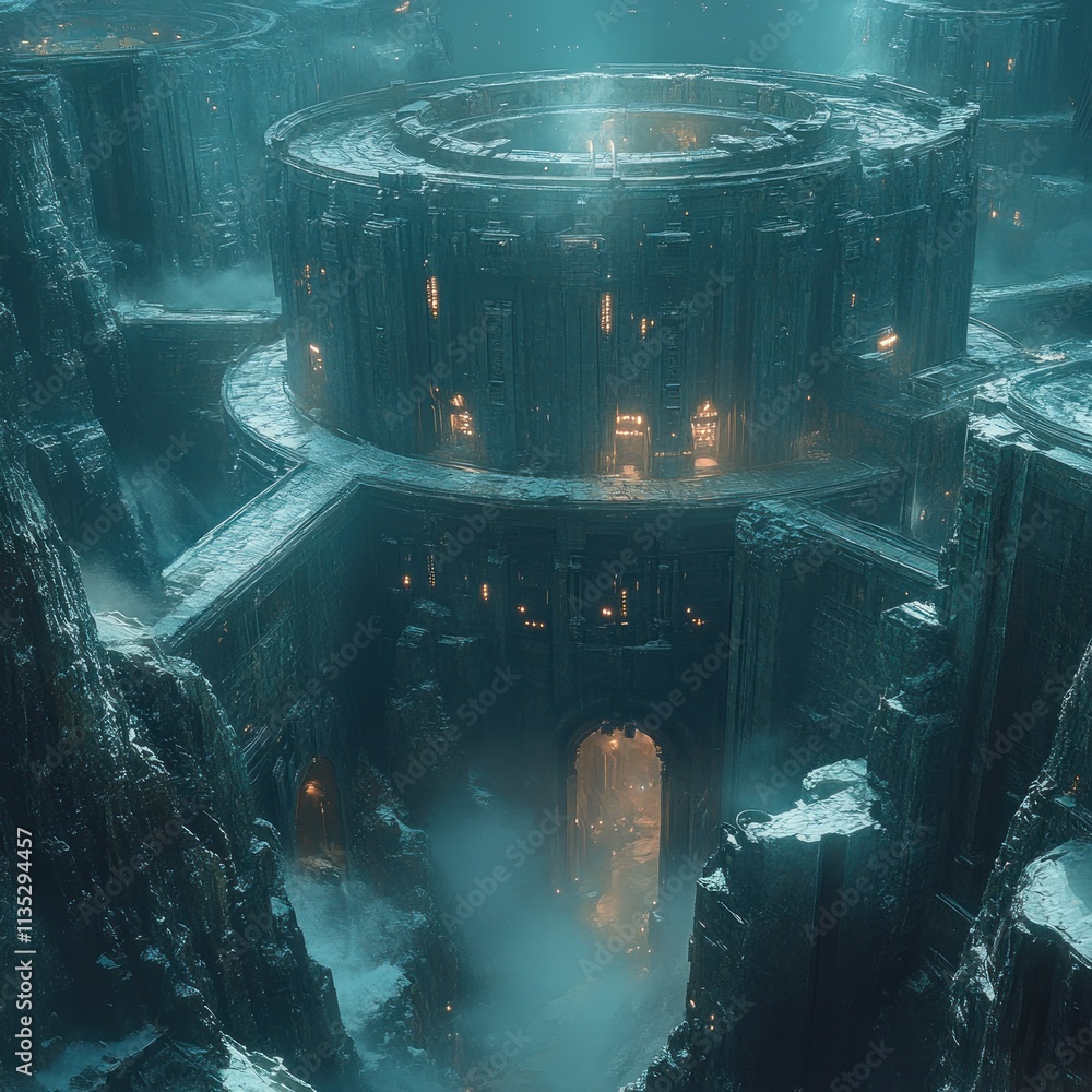 Poster a mysterious, illuminated ancient structure surrounded by rocky terrain and mist.