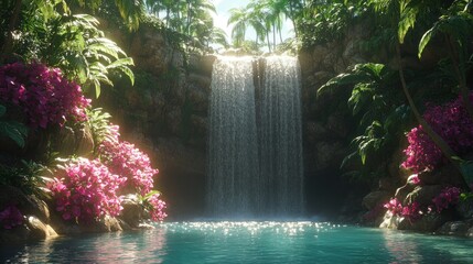 A serene waterfall surrounded by lush greenery and vibrant flowers, creating a tranquil atmosphere.
