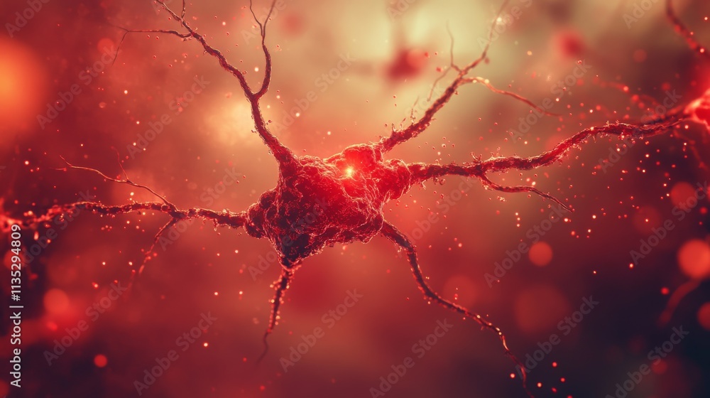 Poster detailed 3d illustration of a neuron, showcasing red glowing synapses amidst an abstract background.
