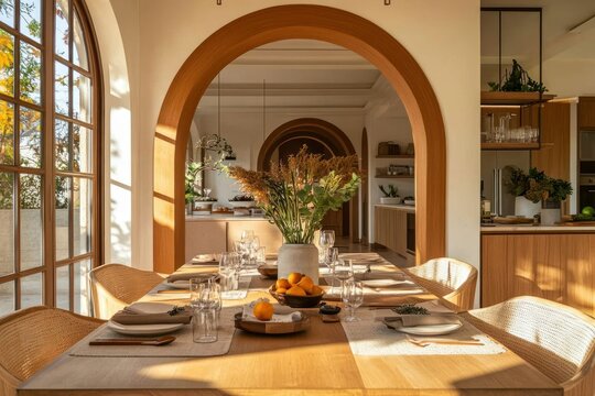 Elegant and Spacious Dining Room with Natural Decor, Featuring Wooden Arches, Fresh Flowers, and a Warm Color Palette for a Cozy Atmosphere