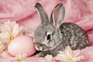 Adorable Gray Bunny Lying Next to a Pink Egg Surrounded by Delicate Pink Flowers on a Soft Fabric Background Perfect for Easter Themes and Spring Celebrations