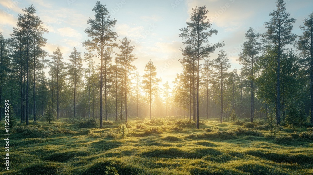 Poster A serene forest landscape with sunlight filtering through trees, creating a tranquil atmosphere.