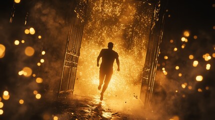 A powerful image capturing the silhouette of a person running through intense flames and a shower of sparks. The fiery backdrop creates a dramatic and cinematic feel, evoking themes of urgency, escape