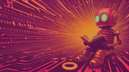Obraz premium Futuristic Robot Reading: A Stunning Poster for Tech-Inspired Spaces, Featuring a Shiny Metallic Robot with a Glowing Cyan Face on a Circuit Board, Surrounded by Digital Lights in Pink and Cyan!