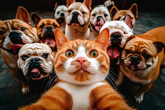 Chat roux effront&eacute; faisant un selfie devant un groupe de chiens